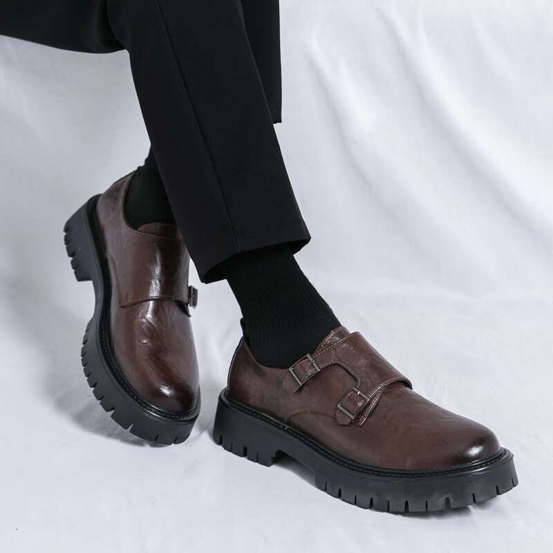 Large men's hand grip pattern big toe 2024 spring and autumn buckle thick soled high rise British suit leather shoes