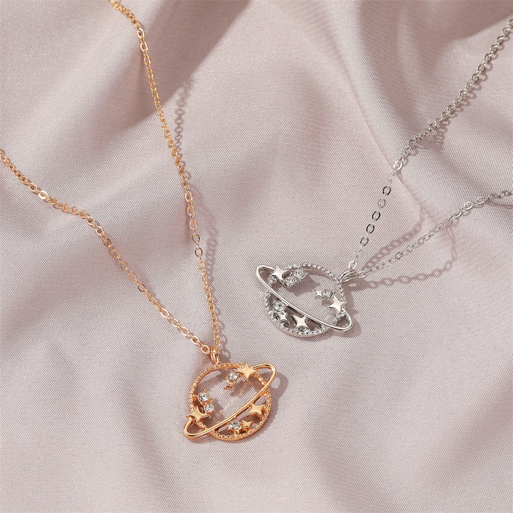 Korean Version New Fashion Hollow Planet Necklace Same Style Collarbone Simple Zircon Small Universe Set Chain