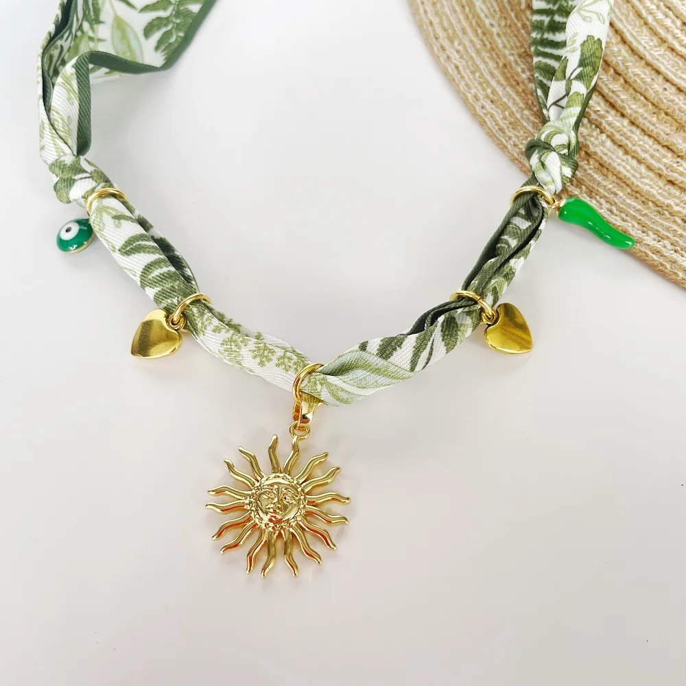 Handmade Fabric Bandana Necklace Adjustable Necklace with Golden Sun Heart Charms 251031