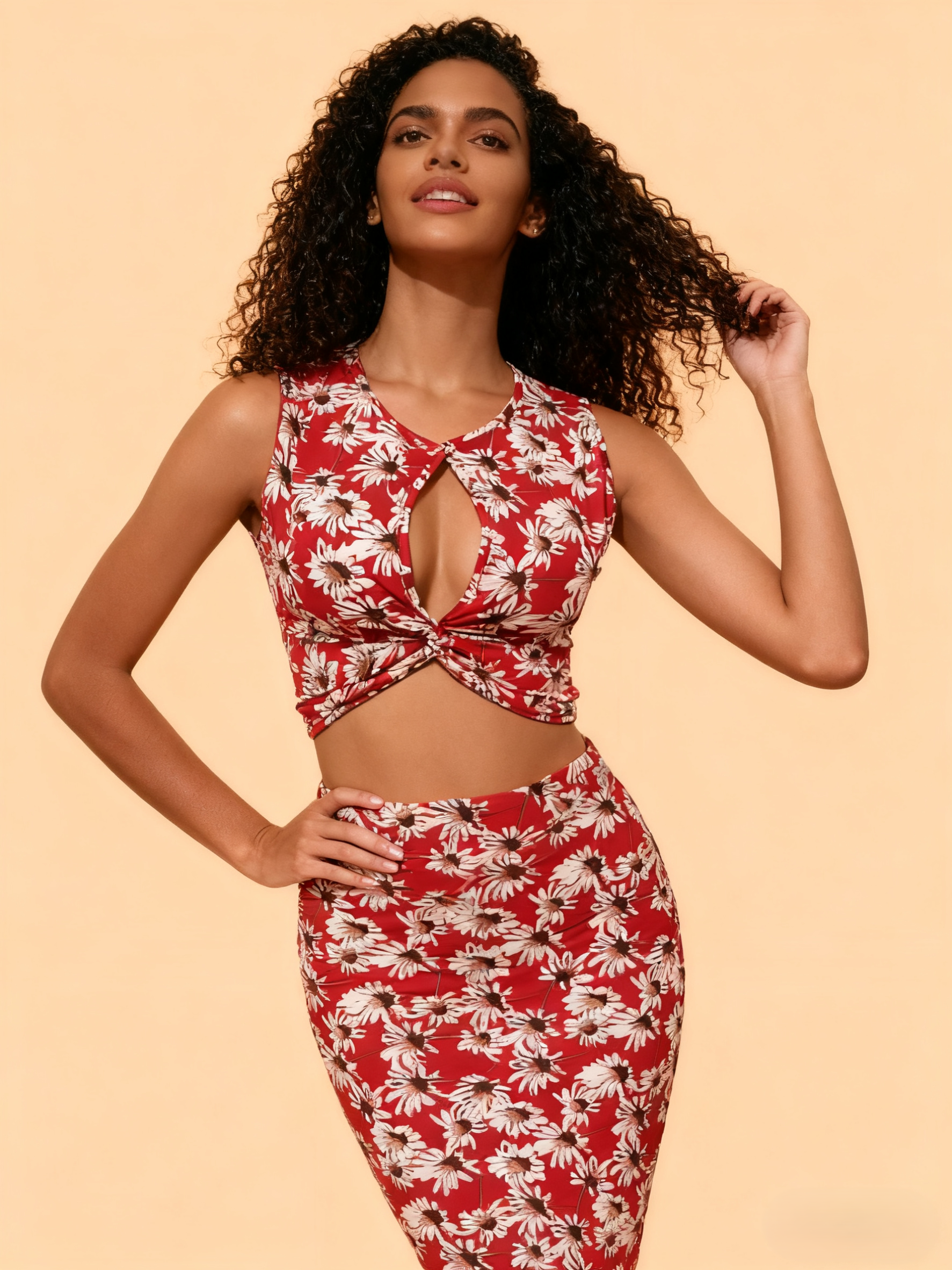 South American Passionate Sexy Lace-Up Twist Red Floral Print Tank Dress Set
