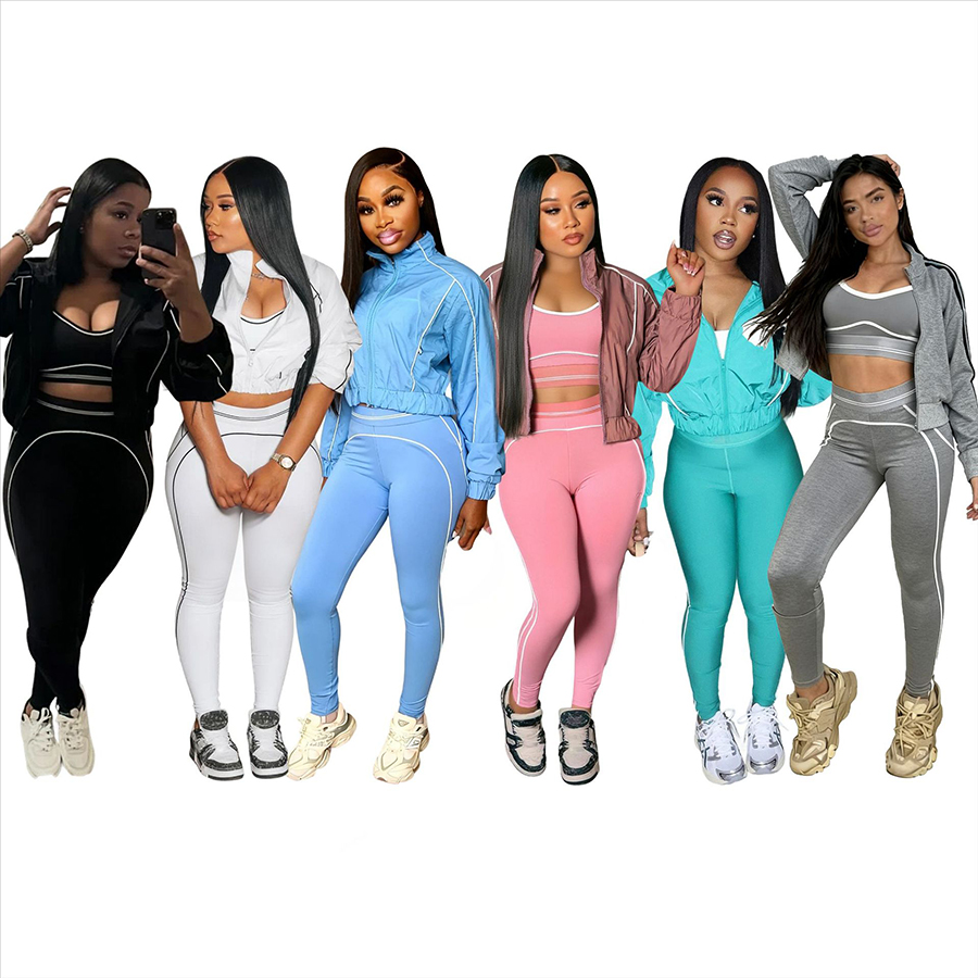 Designer Women's Activewear Set Stylish Solid Color Minimalist Three-Piece Set Casual Sports Yoga Outfit Letter Embroidered Oversized Jacket Sizes S-XXL