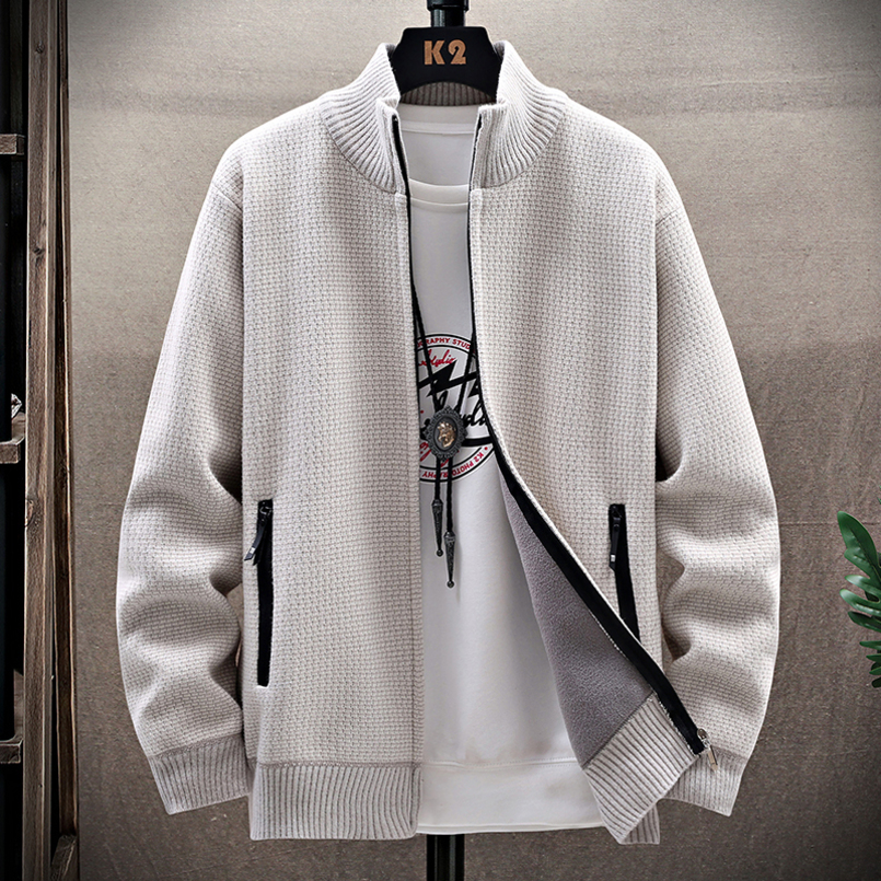 Mens Winter Sweater Thick Fleece Warm Cardigan Sweaters Casual Stand Collar Full Zip Cardigans Pockets Solid Outwear 251023
