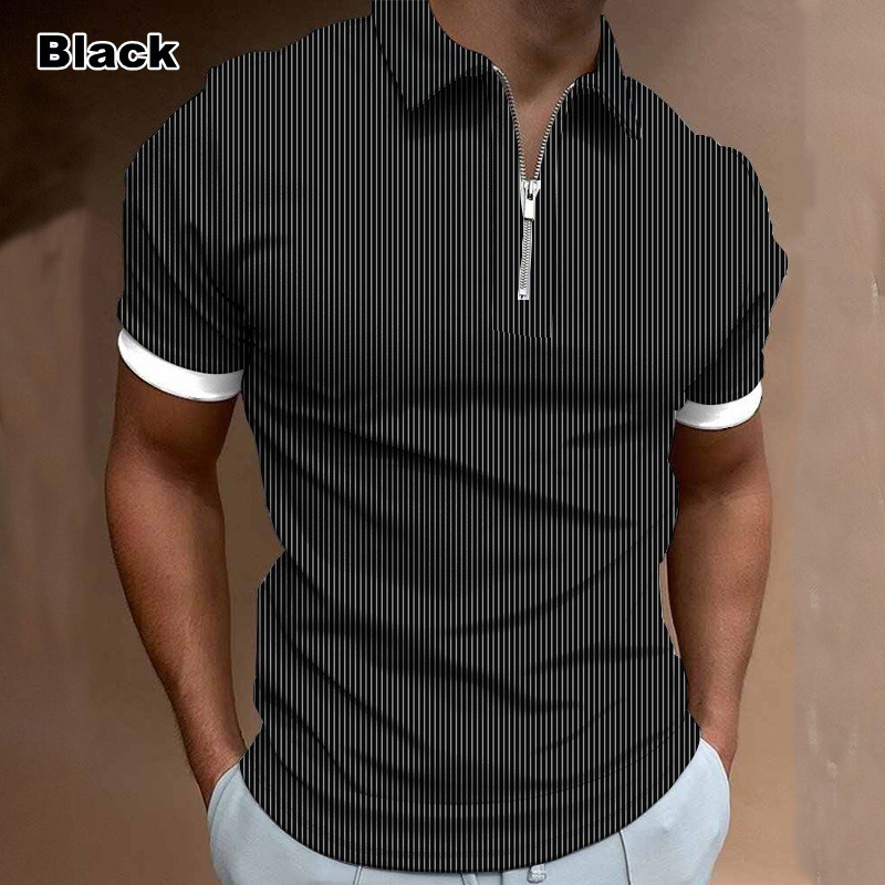 Mens Spring New Mens Casual 3D Printed Collar Short Sleeve Zipper Polo Mens T-shirt Top