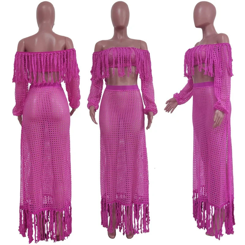 Sexy Ruffle Tassel Summer Set Womens Beach Wear Holiday Knitted Crochet Hollow View Party Maxi Dress Vacation 250401
