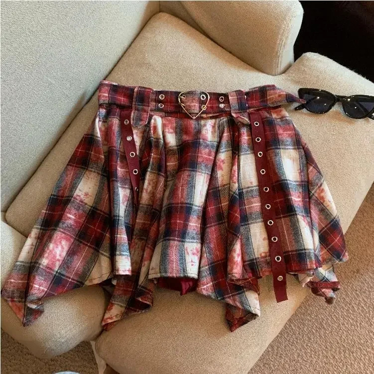Punk Plaid Mini Skirt Irregular Handkerchief Hem with Heart Buckled Belt Hanging Straps Women Teenage Y2K Grunge Outfit 250402