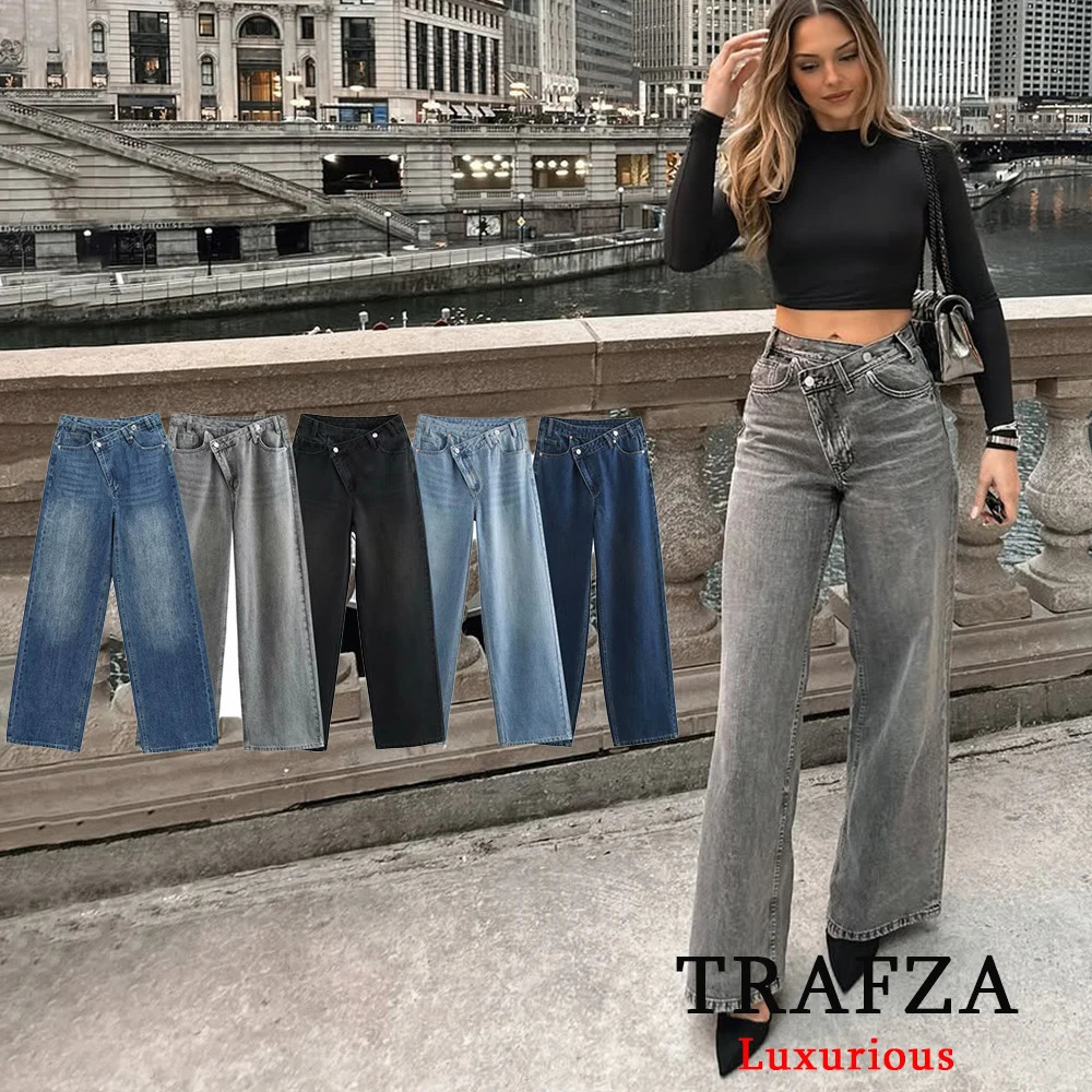 TRAFZA Streetwear High Waist Trouser Womens Light Grey Button Wide Leg Fashion Young Tight Pants 250403