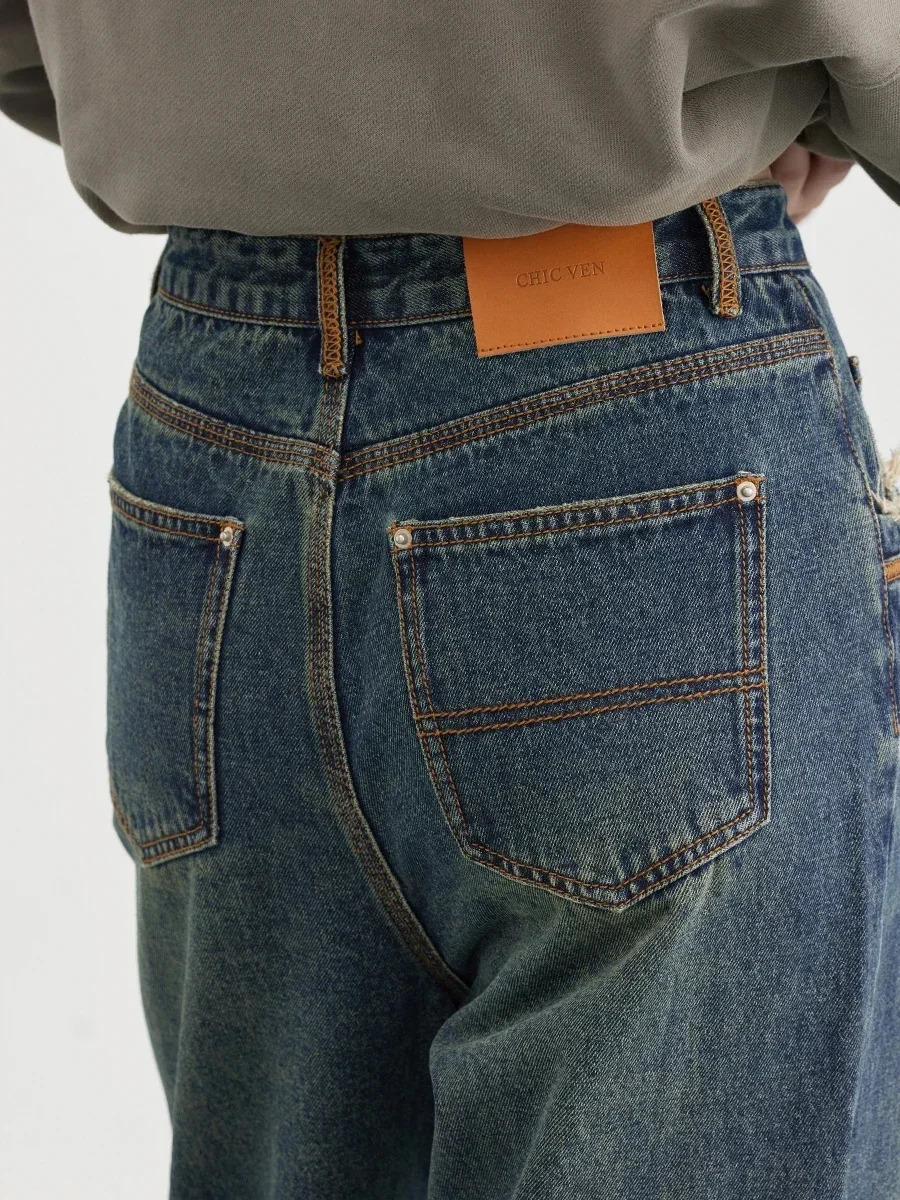 CHIC VEN Womens Jeans Blue Retro High Waist Contrast Cotton Wide Leg Trousers SpringSummer 250403