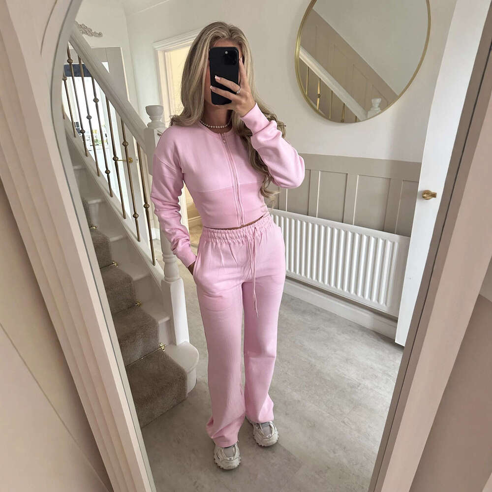 European And American Women's Autumn Winter New Fashion Casual Solid Color Zipper Cardigan Straight Pants Suit B5