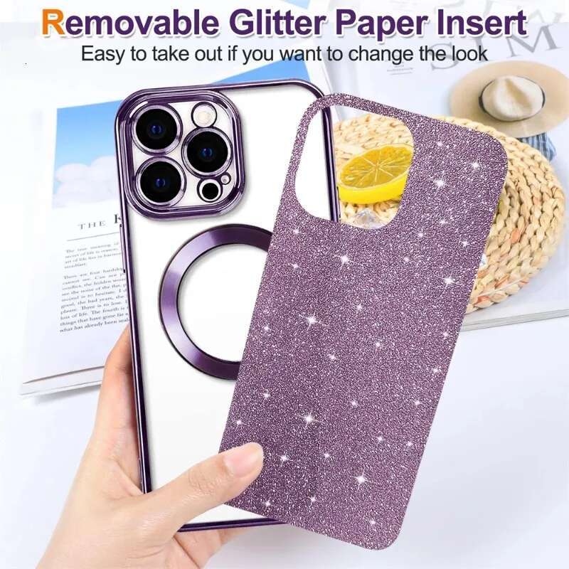 Electroplate With Lens Protector Case iPhone 15 14 13 12 11 16 Pro Max Plus For Magsafe Wireless Charge Bumper Glitter Cover