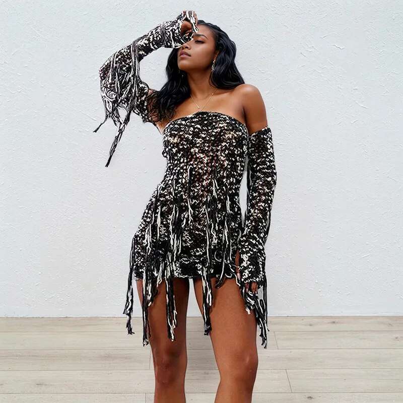 Trendy Two-Piece Set Female Midriff-Baring Contrast Color Halter Tops Fashion Tassel A-E Short Skirts For Women 33A3899