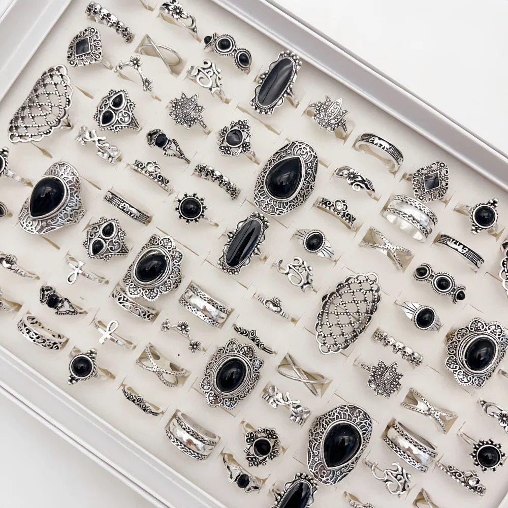 102030Pieces Vintage Bohemia Black Stone Rings Set For Women Men Mix Style Heart Love Flower n Finger Jewelry Party Gifts 251031