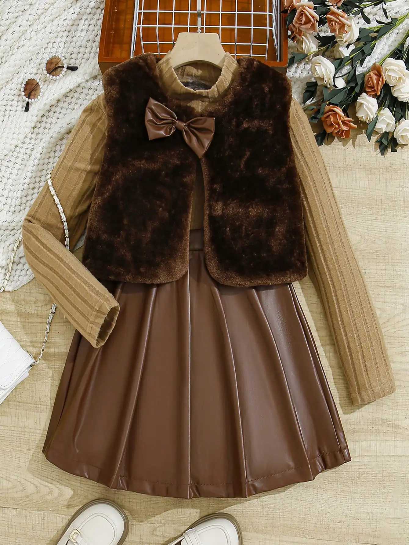 Sweet style three-piece set for girls in autumn and winter of 2025 Bowknot fleece vest fashionable high-neck ribbed top PU Y251105
