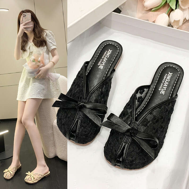 Baotou Summer 2025 New Internet Celebrity Bow Versatile Soft Bottom Half Slippers for Women Wearing Outside