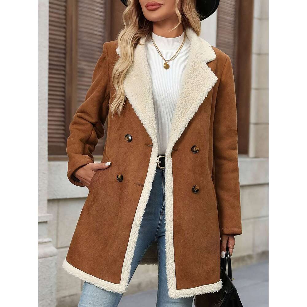 Elegant Coat - Brown Double-Breasted Jacket With Fluffy Lining, Button-Up Front, And Flap Pockets For Fall/Winter, Outerwear Chic Long Sleeve | Button