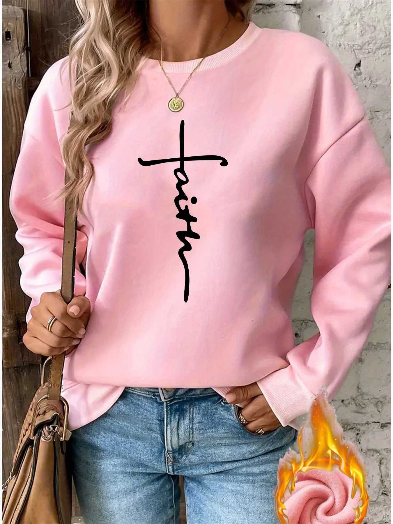 Womens autumn and winter casual fashion loose comfortable warm cross faith graphic printed round neck long sleeved pulloverT251105