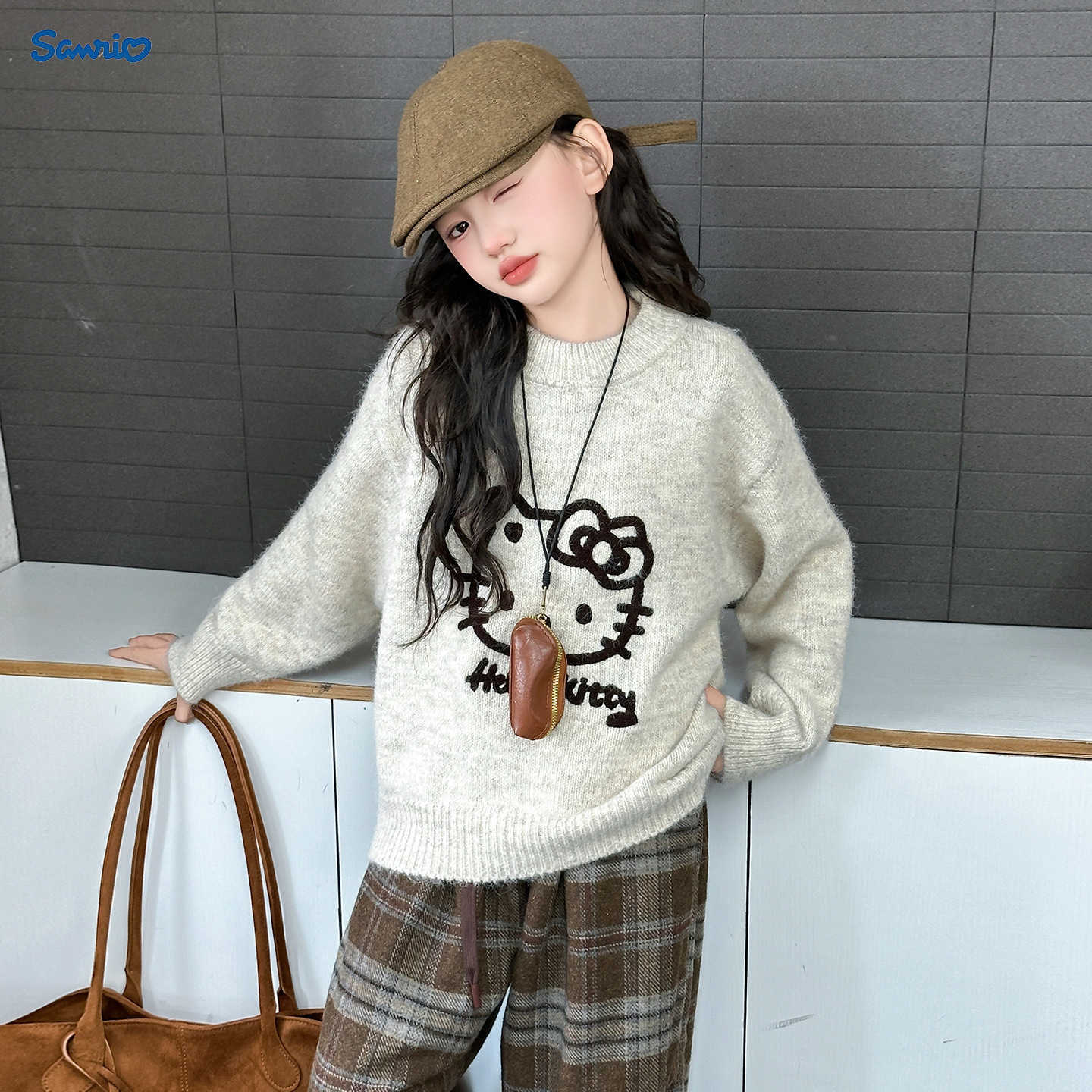 Sanrio Girls Sweater Autumn Winter 2025 New Fashionable Korean Style Cartoon Kitty Cat Pullover Sweater for Older Children H251105