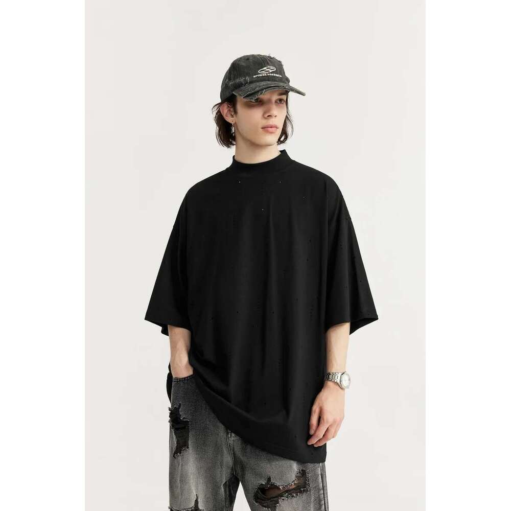 Streetwear Ripped Tees Men Heavyweight Mock Neck Oversized Cotton Tshirts