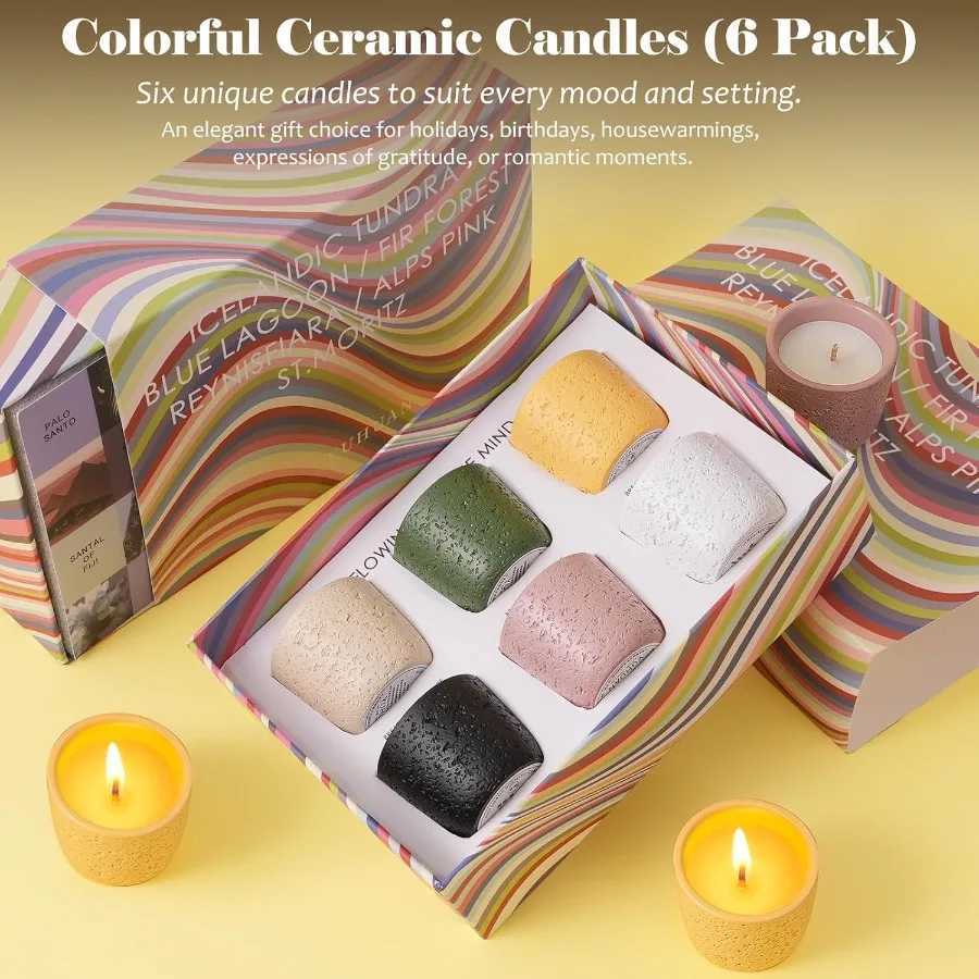 Scented Candle Set of 6 Natural Soy Wax with Essential Oils Long Lasting Aromatherapy Candles in Small Ceramic Jars Perfect for C251105