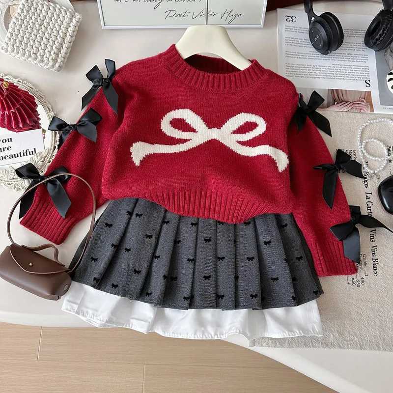 Autumn Children Girls Two-piece Clothes Set Kid Girl Bow Red Knit Sweater Suits Loose Print Spliced Pleated Skirt Outfit Clothes Y251105