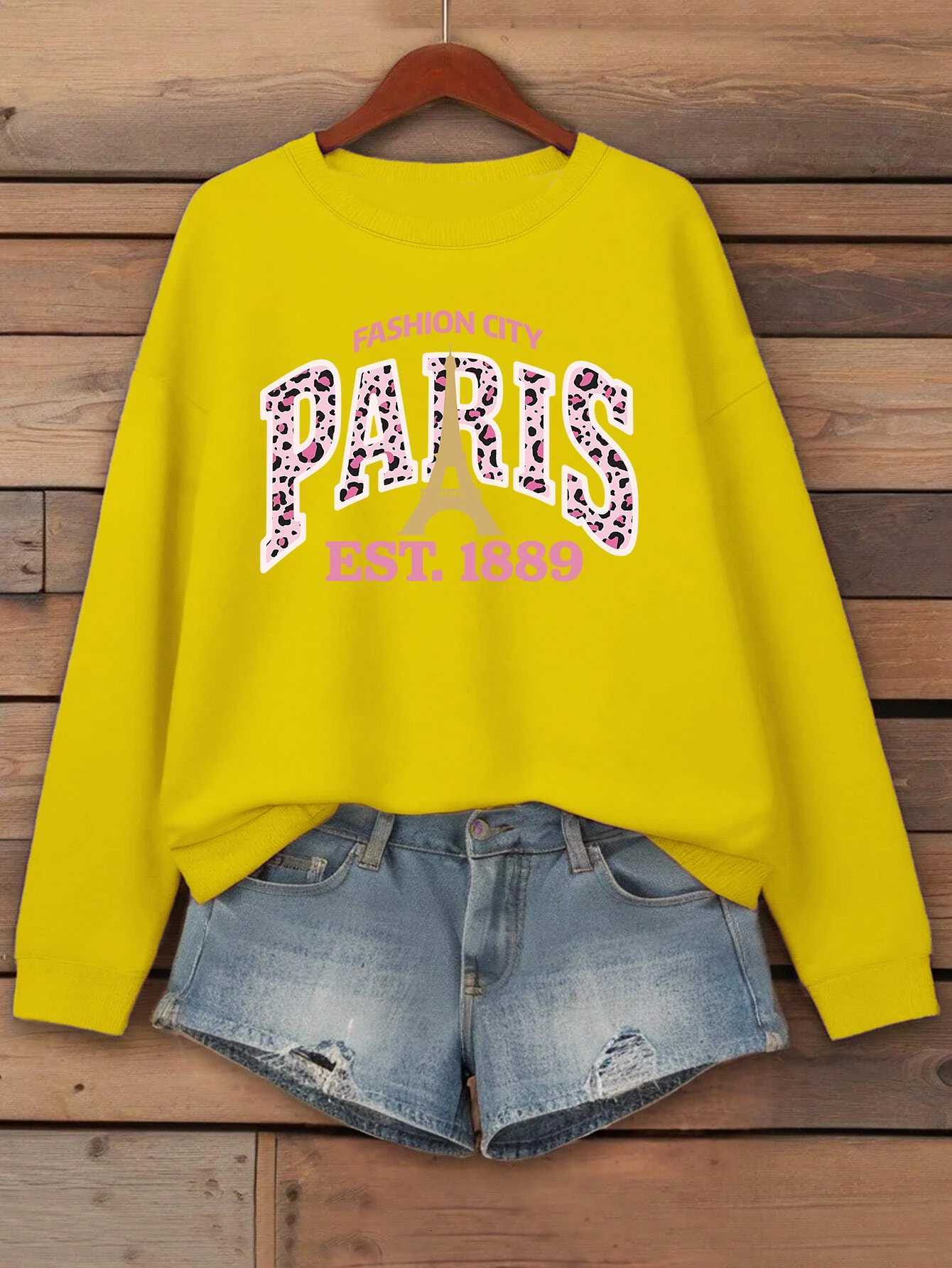 Pink Leopard Print Paris 1889 Pattern Woman Pullovers Autumn Crewneck Sweatshirt Casual Loose Clothing Fleece Hip Hop SportswearT251105