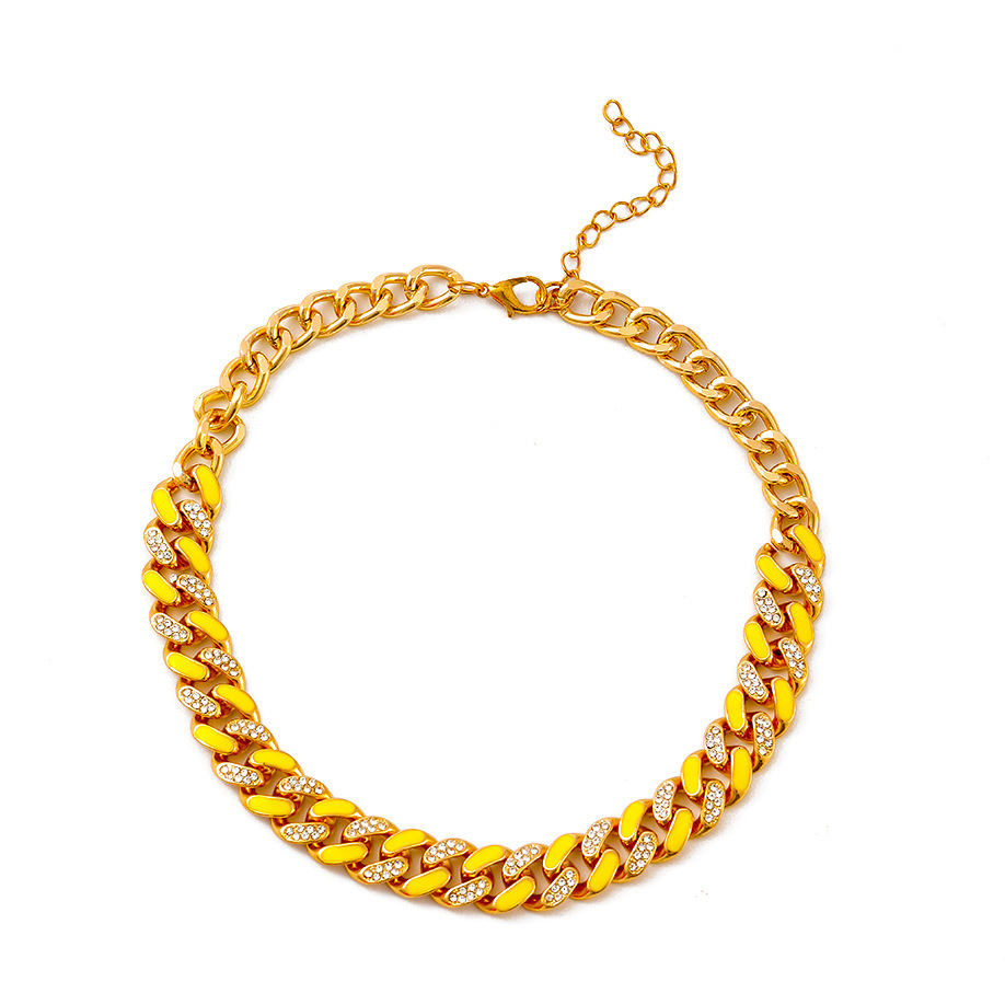 Hip Hop Two-Tone Rhinestone Thick Necklace Fashion Trendy Brand Oil Drip Cuban Chain Unisex New Arrival