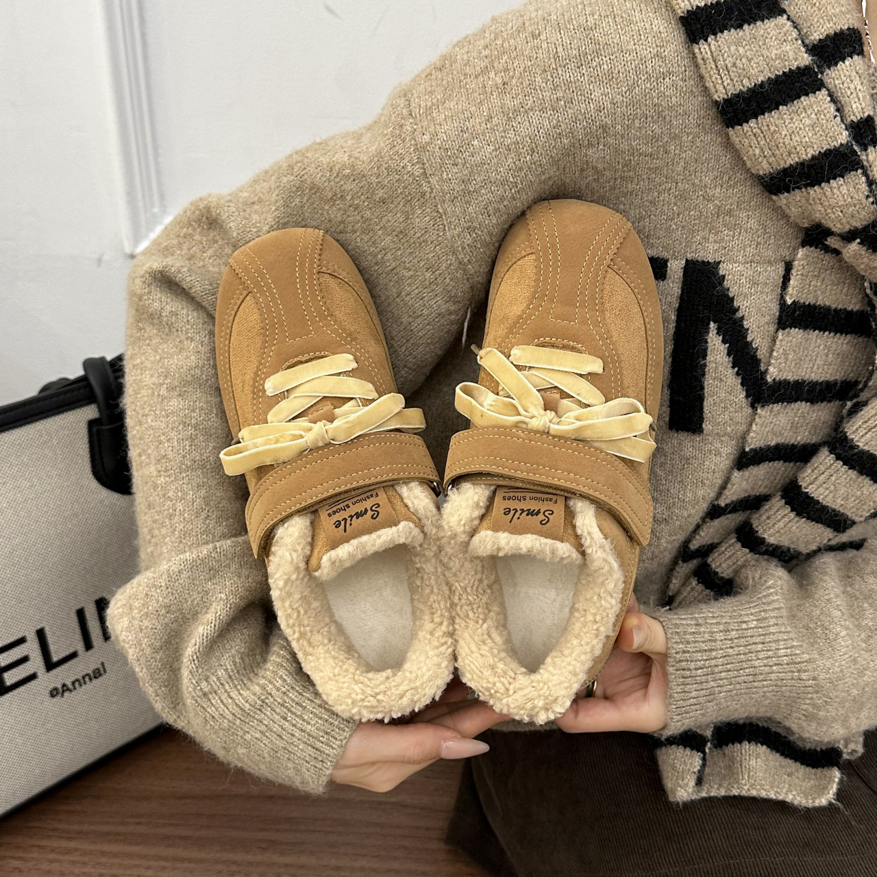 Retro-style flat sole inner heightened German training shoes women's versatile and comfortable fleece warm wool cotton shoes