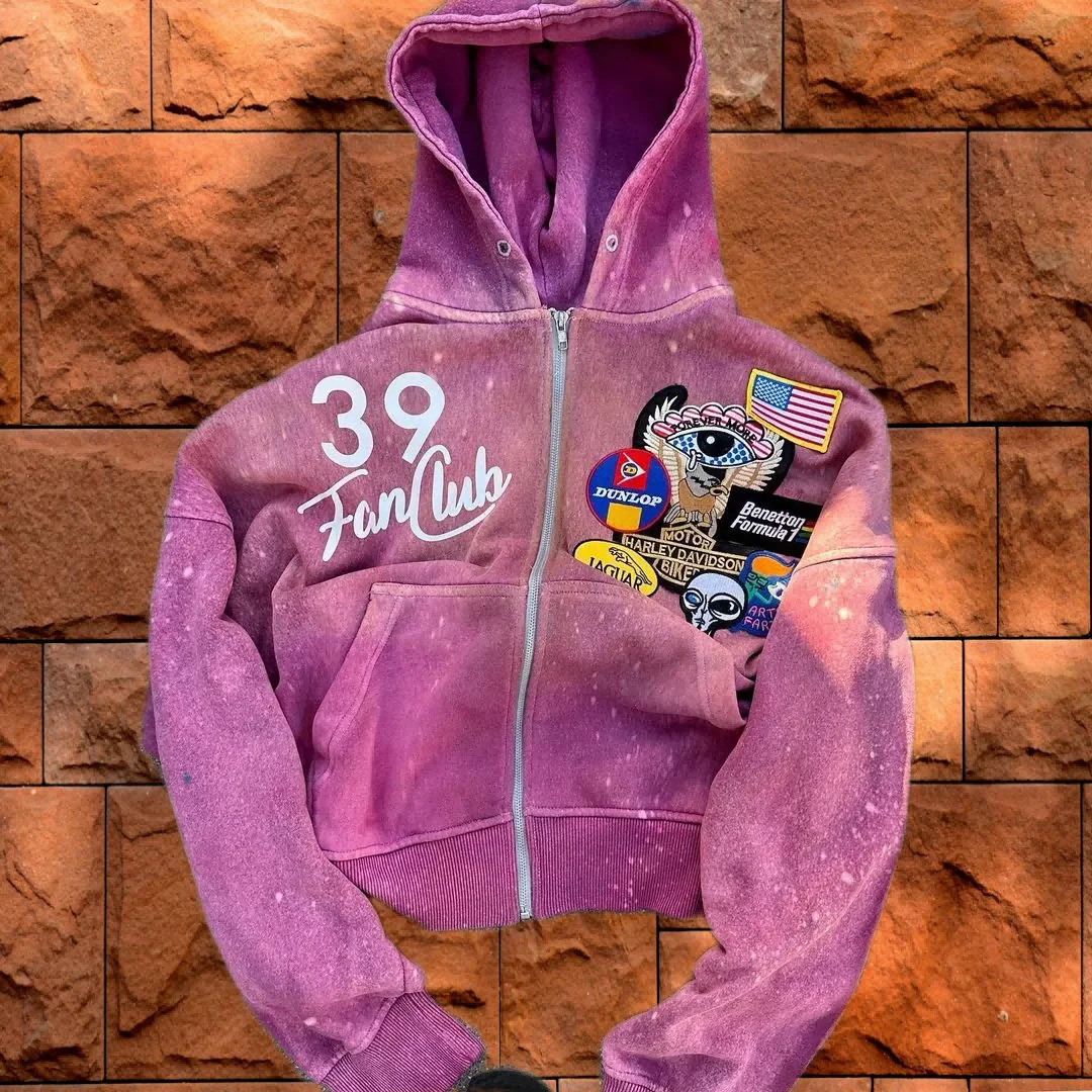 Street style hip-hop pink printed mens and womens sportswear with long sleeves Y2k top zipper hooded sweatshirt 250402