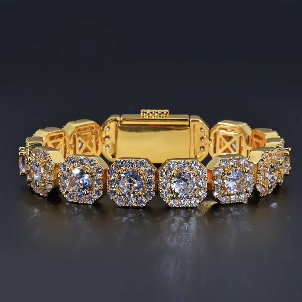 Bling Iced VVS Moissanite Bracelet for Men 12mm Square Shape Tennis Diamond Bracelets with 925 Silver Tennis Chain Hip-Hop Style