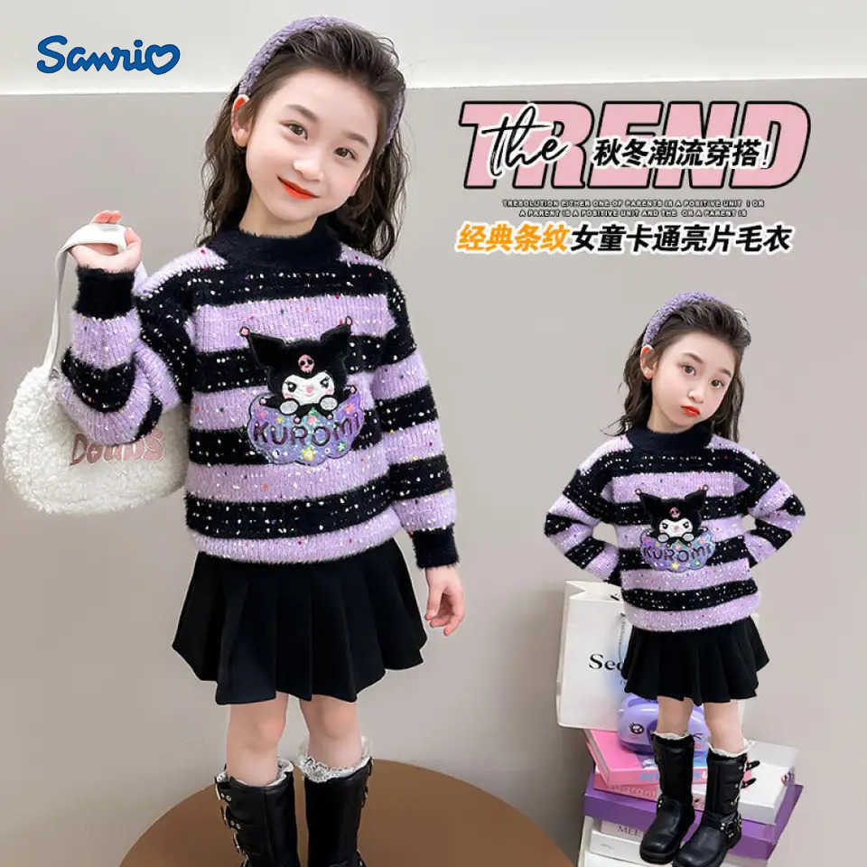 Sanrio Kuromi Sweater Autumn Winter New Baby Girl Cute Warm Velvet Thickened Knitted Base Shirt Pullover Childrens Clothing H251105