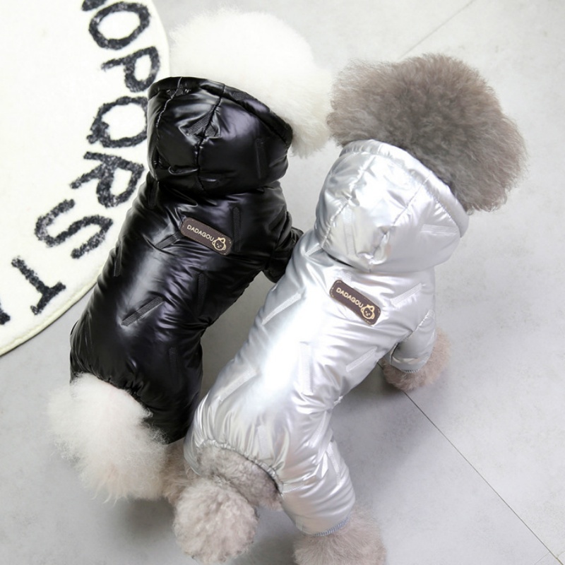 Shiny Padded Pet Jumpsuit with Hood, Waterproof Four-Legged Winter Coat for Small Dogs & Cats, Warm Puffer Outfit for Chihuahua, Teddy & Kittens, Silv