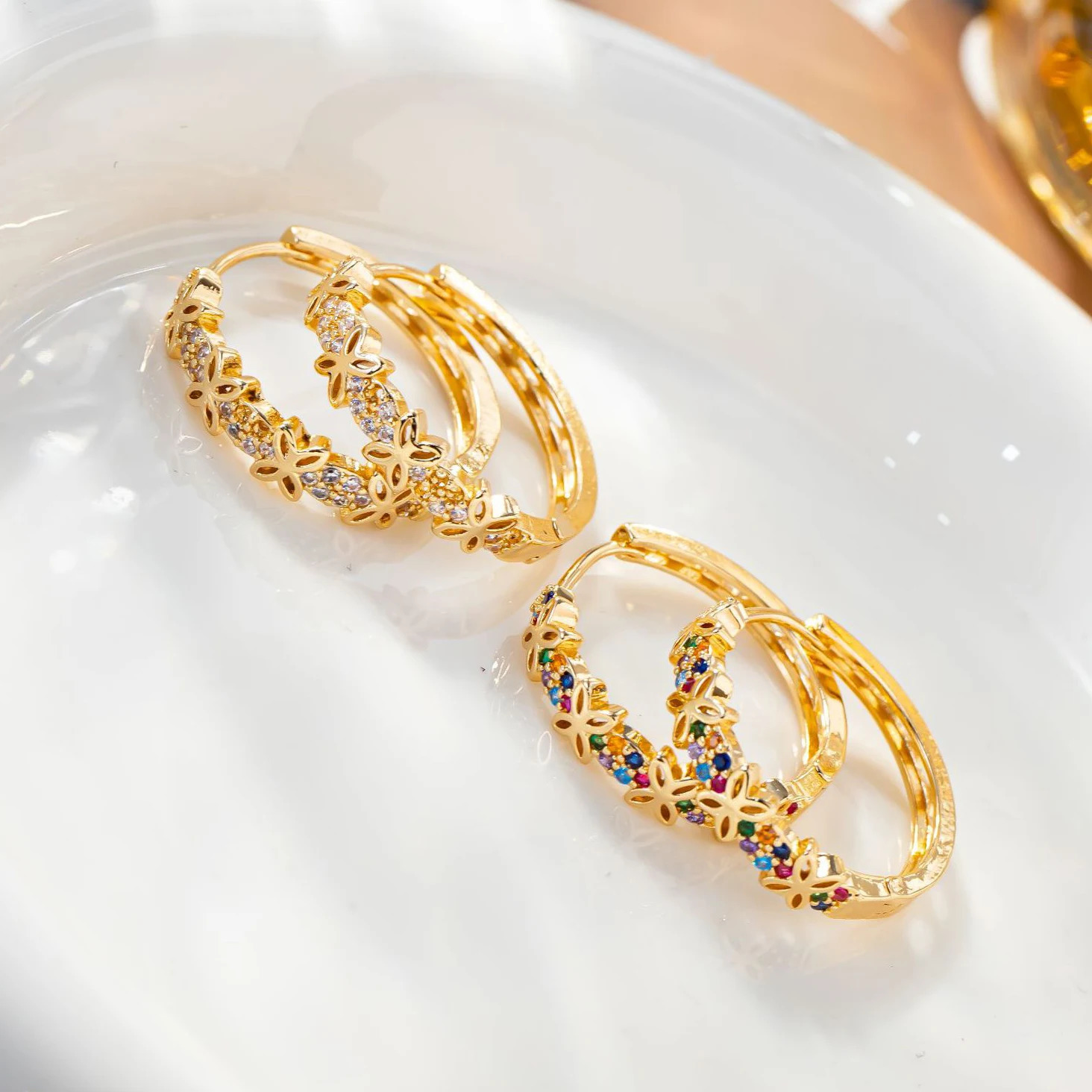 Statement Female Rainbow Flower Zircon Stone Hoop Earrings Glod Color Wedding Jewelry For Women 251131