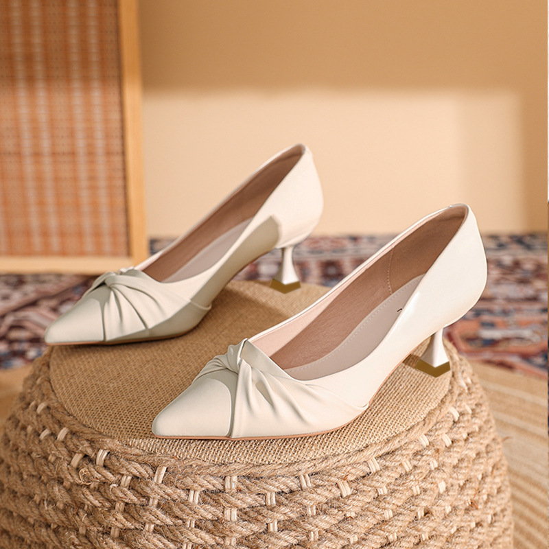 Free Shipping Designer heels Beige bow pointed toe exposed toe commuting elegant temperament daily high heels