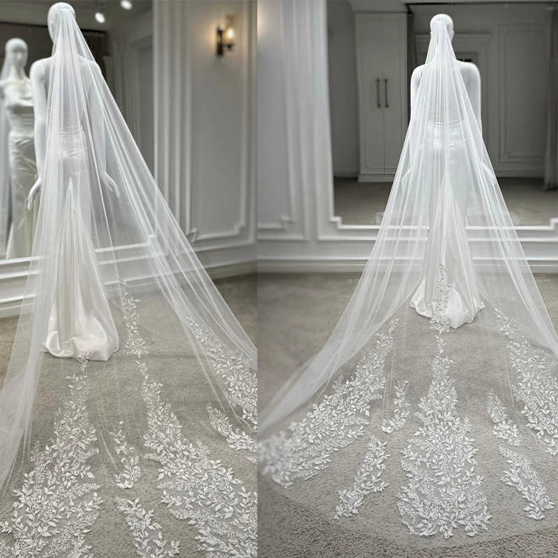 Elegant Wedding Veil 3M Long Cathedral One Layer With Comb Lace Appliques Bridal Veils Customized velo de novia