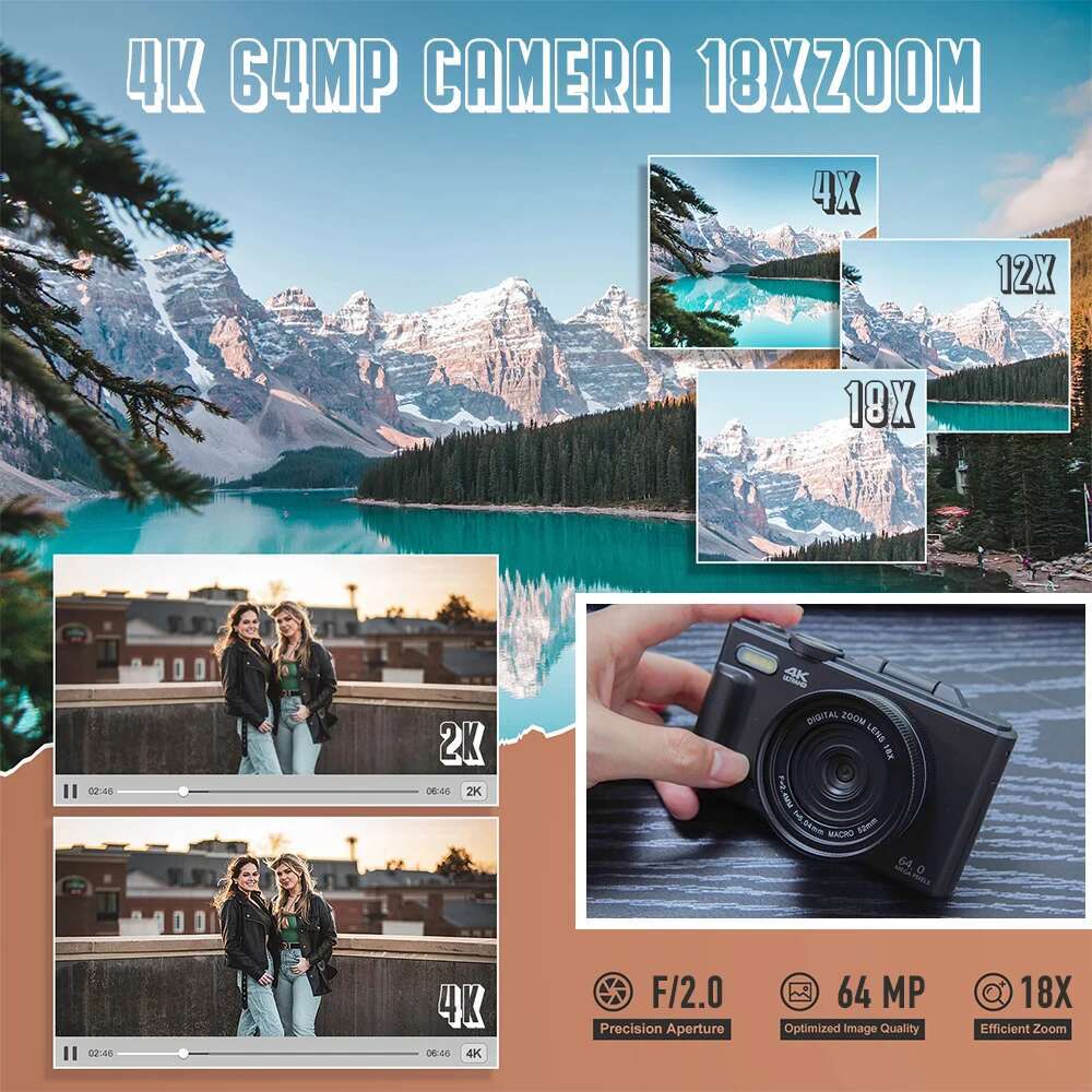 Top New Compact Photography Camera 4K 18X Digital Zoom Vintage Vlog Video Recorder YouTube 180° Flip Screen Selfile