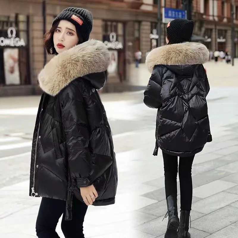 Down Cotton Jacket For Women Glossy Cotton Jacket New Winter Thicken Jacket Parka Hooded Fur collar coatT251105