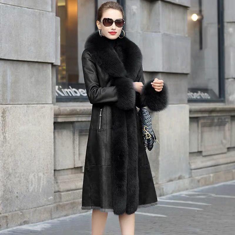 2025 Winter New Fox Fur Collar Genuine Leather Slim Fit Long Shearling Coat for Women 241120