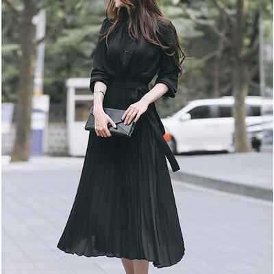 Chiffon Long Sleeve Spring New Slim Waist Slimming Korean Style Elegant Pleated Dress B5