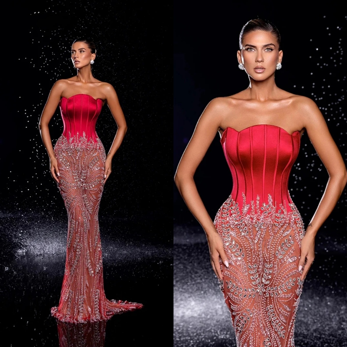 Exquisite Strapless Evening Dresses Sequins Rhinestone Prom Gowns Illusion Sleeveless Sweep Train Customized Vestidos De Noche Plus Size