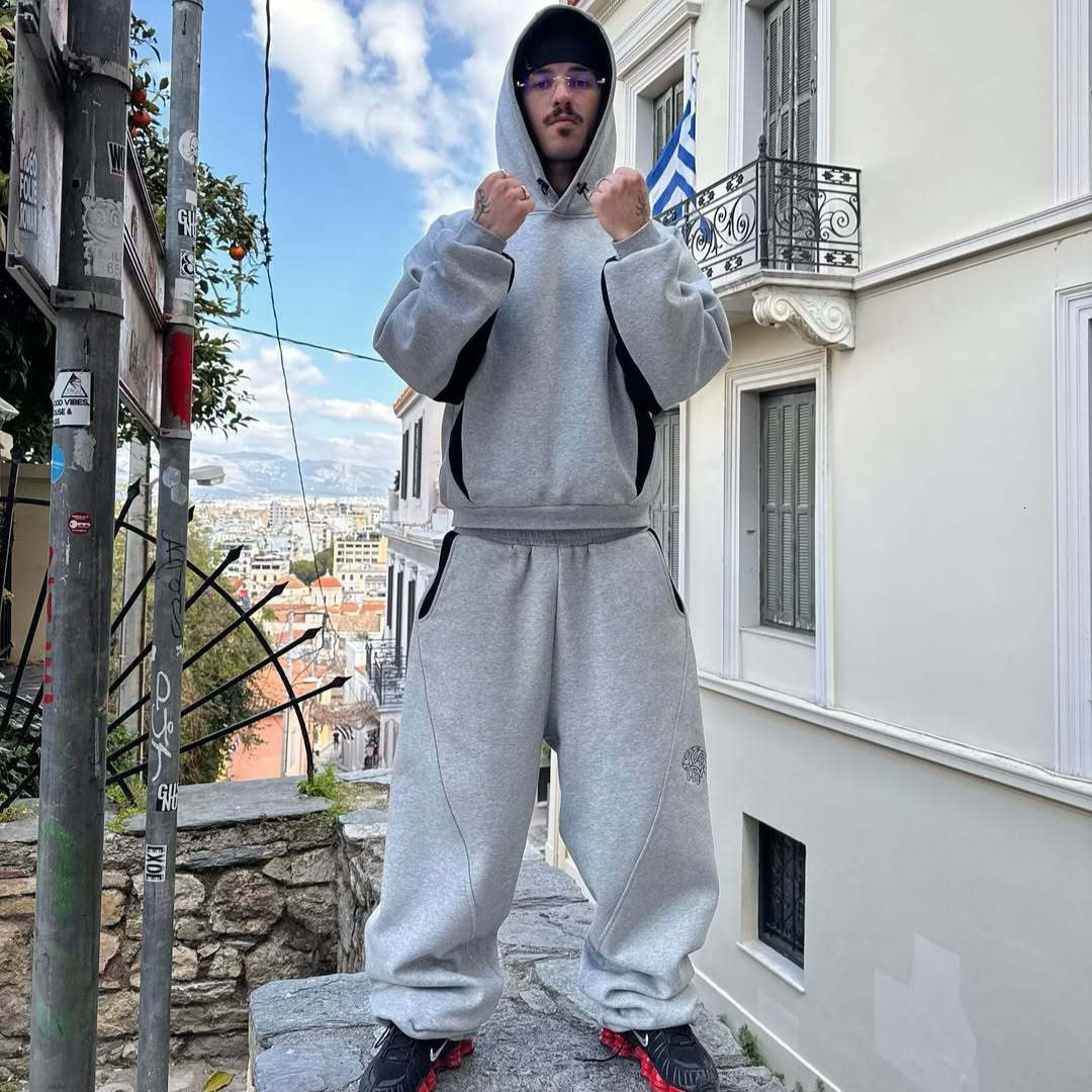 Mertra American Street Hip-Hop Patchwork Embroidered Sweatpants Mens Trendy Loose Hooded Sweatshirt Sports Set 250904