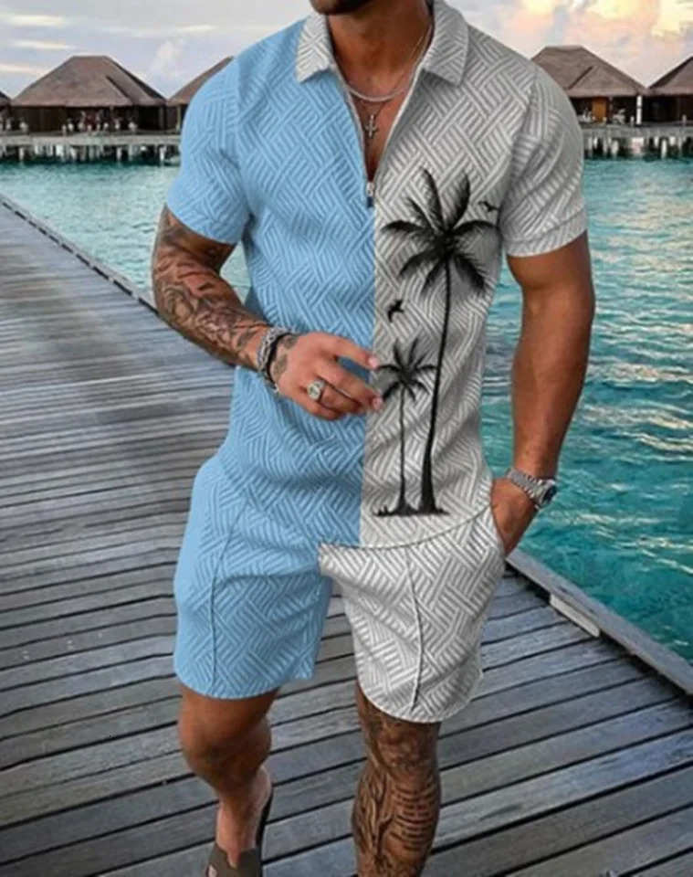 Fashion summer mens short sleeved polo shirt set coconut tree 3D printed clothing 2-piece casual set street clothing set 250402