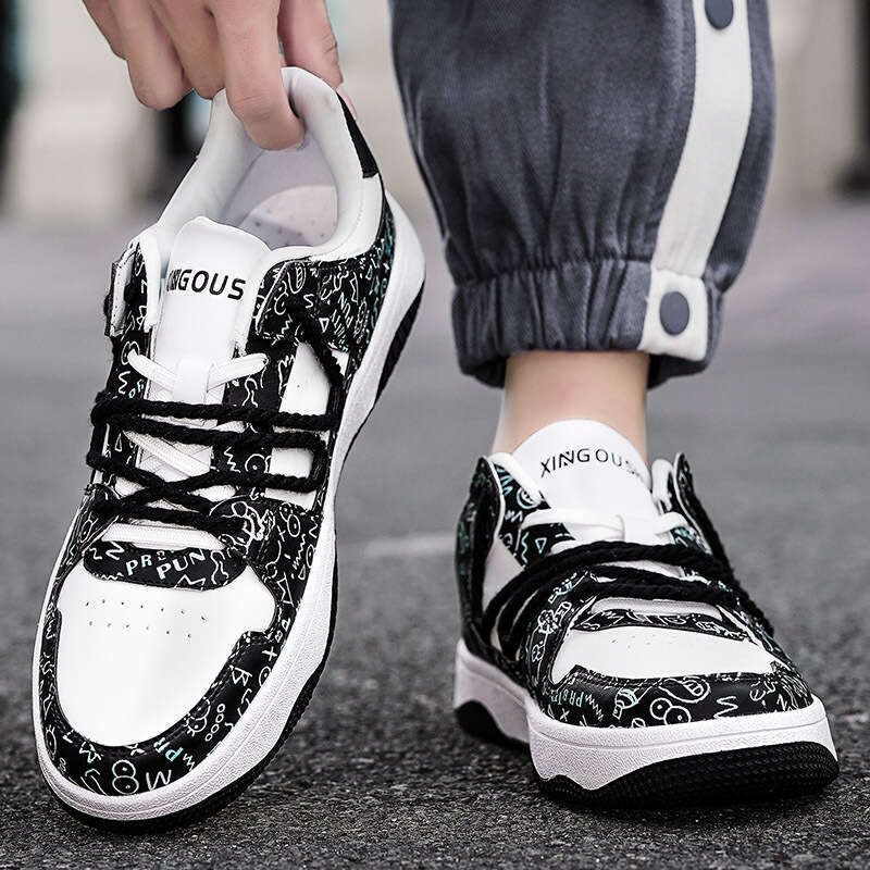 Large sized student color blocked board low cut lace up casual white shoes, Korean version leather face trendy single shoes H22