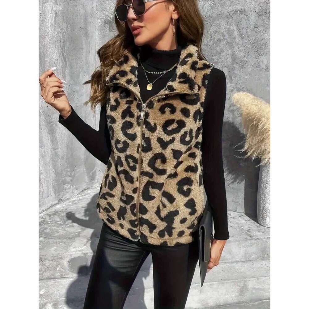 Women's Leopard Print Teddy Faux-Fur Sleeveless Vest With High Neck & Zipper Closure - Warm Winter Coat Fall/Winter, Hine Washable, Versatile Lay