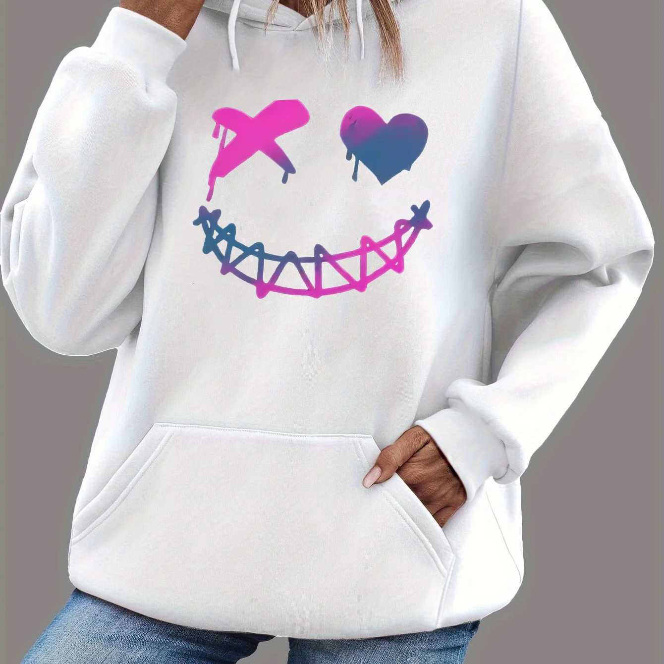 Womens autumn and winter fashionable casual loose smiling face printed round neck long sleeved drawstring hooded pulloverT251105