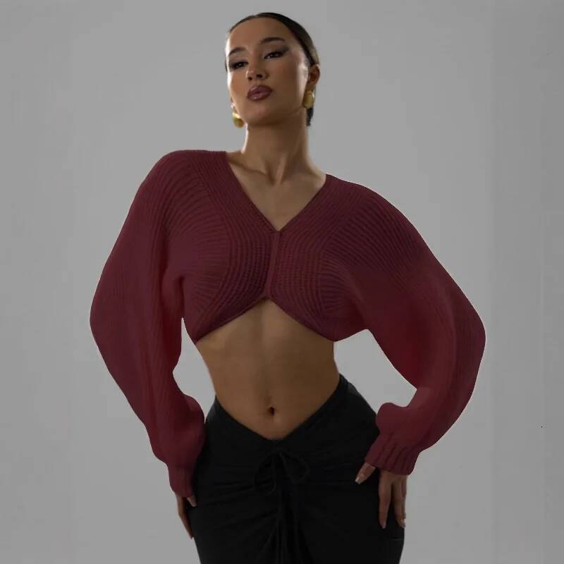 winter jacket women Knit Crop Sweater Women Y2K Lantern Sleeve Casuals Autumn Simple Classic Comfortable Elegant Basic V-Neck Loose Tops