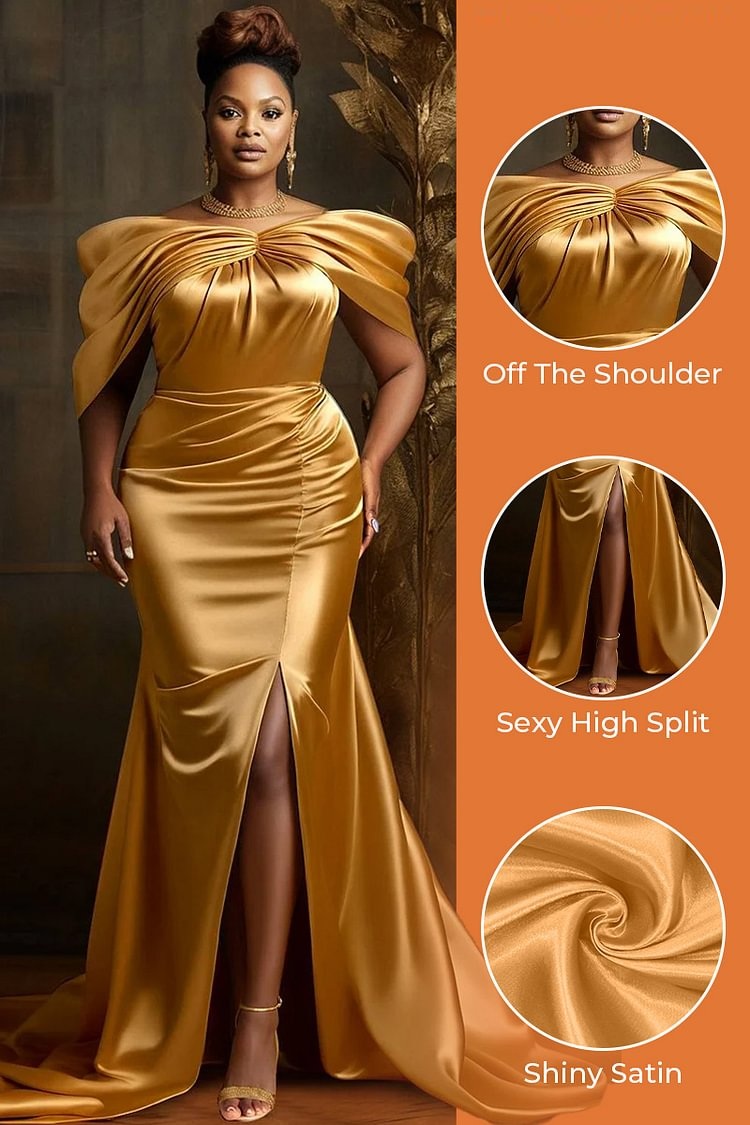 Red Mermaid Gold Lace Evening Dresses High Neck Long Sleeves Prom Gowns or Length Satin Plus Size Formal Party Dress 01