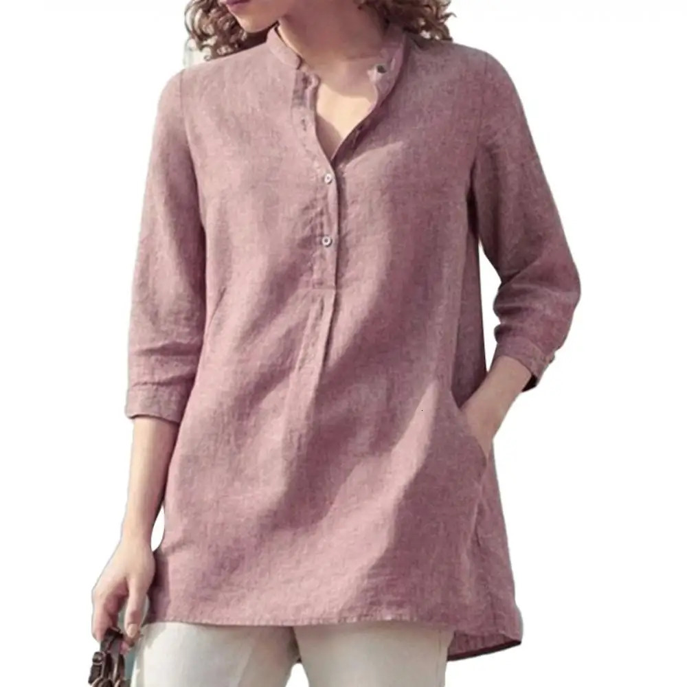 Elegant Cotton Linen Shirts Women Casual Solid Button Lapel Blouses Shirts Autumn Winter 3/4 Sleeve Loose Tops Tunic Blusas 250402