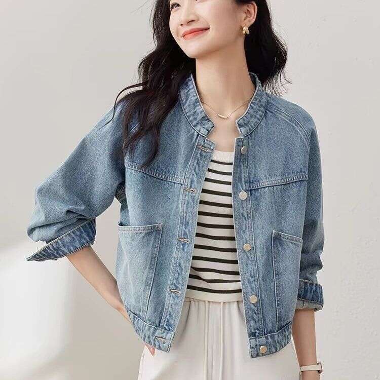 Vintage Washed Denim Short Jacket For Women, Autumn And Winter New Stand Collar Petite Long Sleeve Top B5