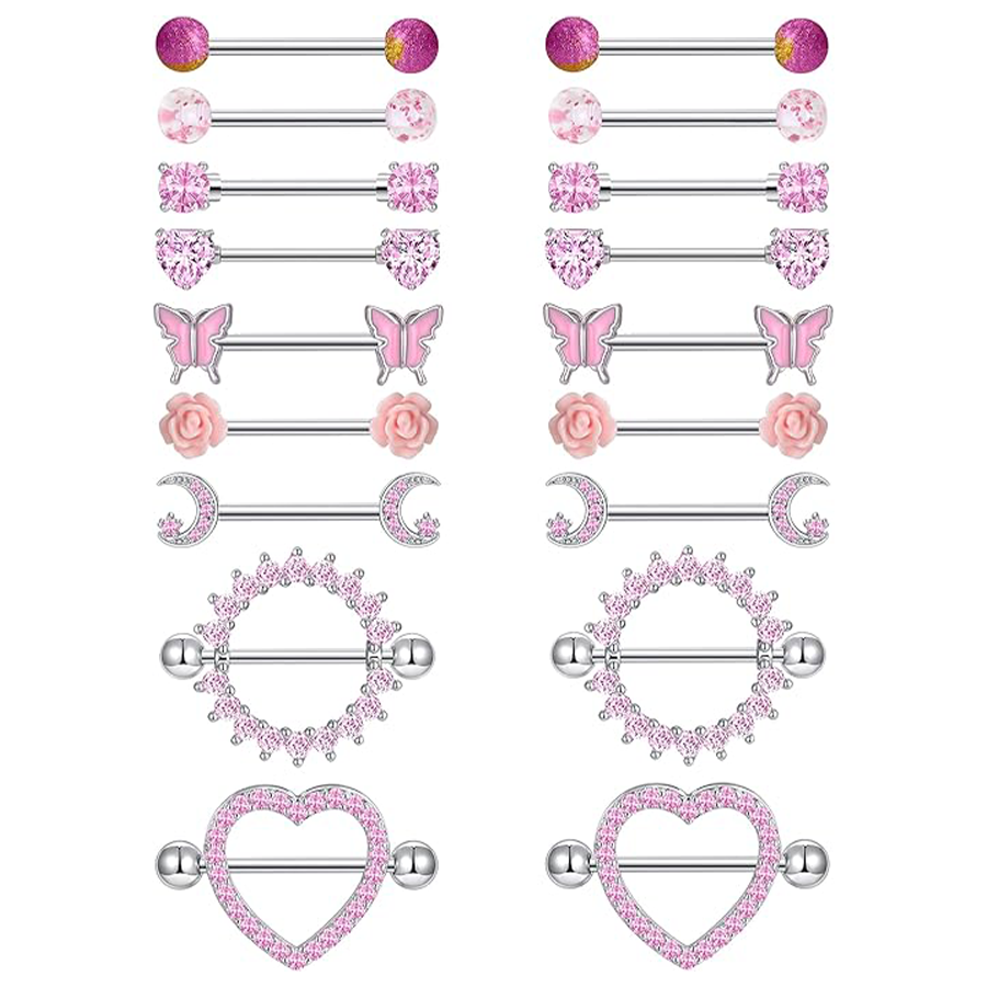 9 Pairs 14G Stainless Steel Nipple Rings Tongue Ring Straight Nipple Barbells Cute Butterfly Rose Opal Moon Heart CZ Body Piercing Jewelry for Women P
