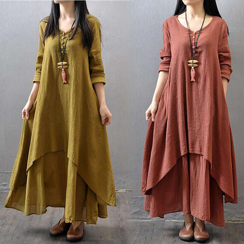 Spring And Autumn New Fake Two-Piece Artistic Flared Loose Long Sleeve Cotton Linen Dress B5