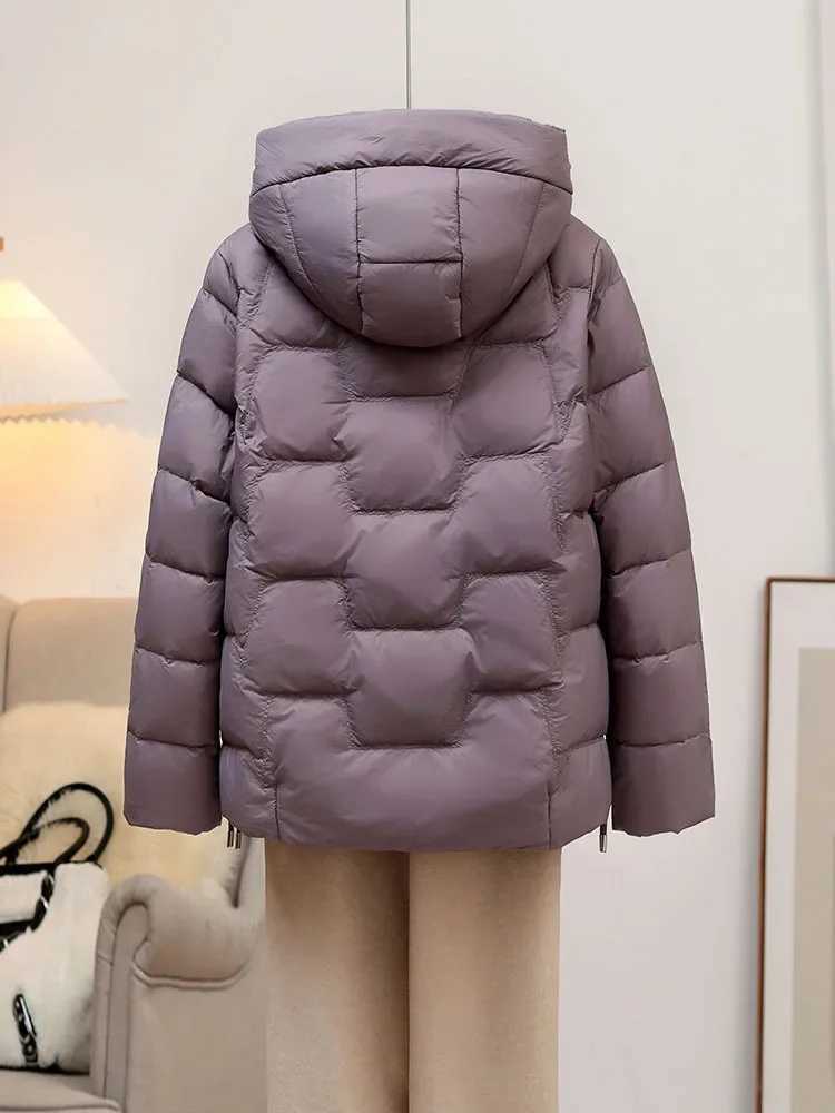 Schinteon Women White Duck Down Jacket with Hood Autumn Winter Warm Outwear Korean Style High Quality Solid Color Coat 2025 NewT251105